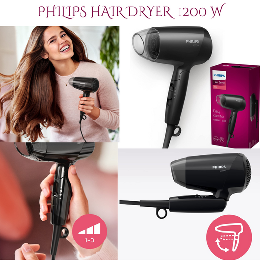 Philips Hair Dryer | Black | 1200 W | Compact and Portable Dryer | 3 Features