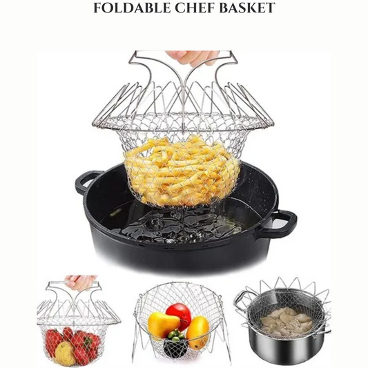 House Hold Culture Stainless Steel Foldable Chef Basket Cooking Magic Basket Mesh Basket Strainer Net Kitchen Cooking Tool for Frying, Steaming, Straining, Rinsing, Deep Frying, Boiling, Cooking