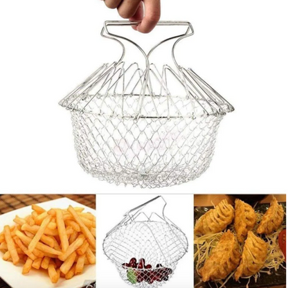 House Hold Culture Stainless Steel Foldable Chef Basket Cooking Magic Basket Mesh Basket Strainer Net Kitchen Cooking Tool for Frying, Steaming, Straining, Rinsing, Deep Frying, Boiling, Cooking